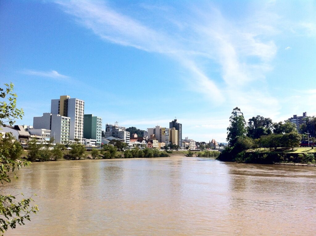 City centre of Blumenau, Santa Catarina, Brazil, viewed from the old fluvial port on the b